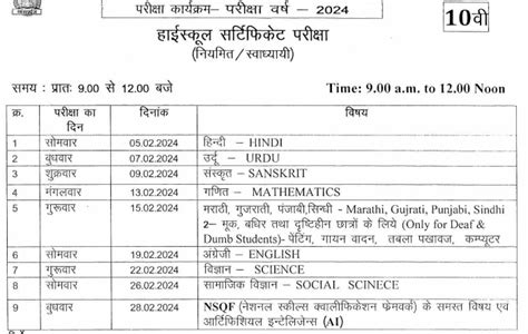 mp board class 10th time table 2024